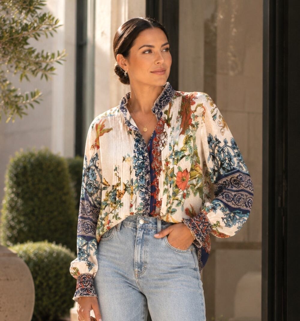 Johnny Was NWOT Evette 100% silk Blouse Sz XXL floral print ruffled neckline - Picture 1 of 14